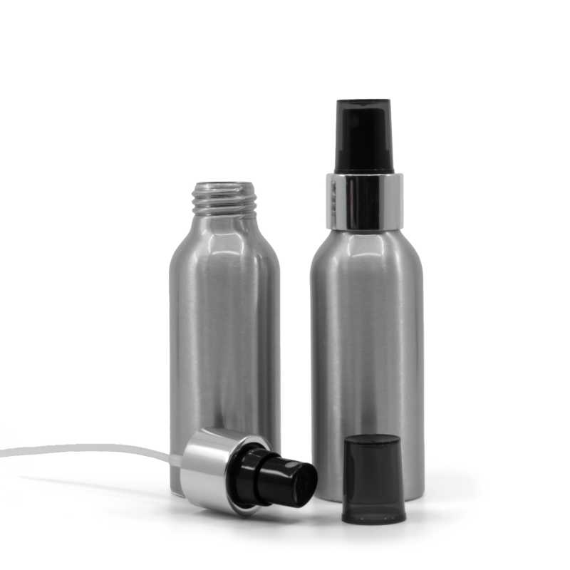 Frasco de aluminio, pulverizador negro, anillo plateado brillante, 100 ml