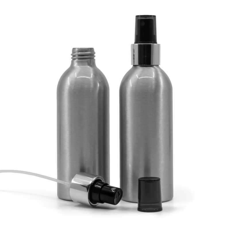Botella de aluminio, pulverizador negro, anillo plateado brillante, 200 ml