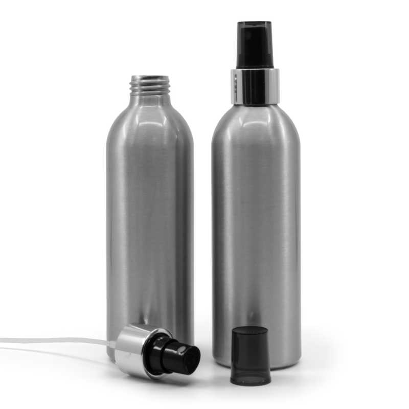 Botella de aluminio, pulverizador negro, anillo plateado brillante, 225 ml
