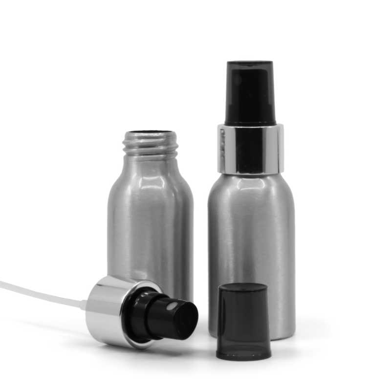 Frasco de aluminio, pulverizador negro, anillo plateado brillante, 50 ml