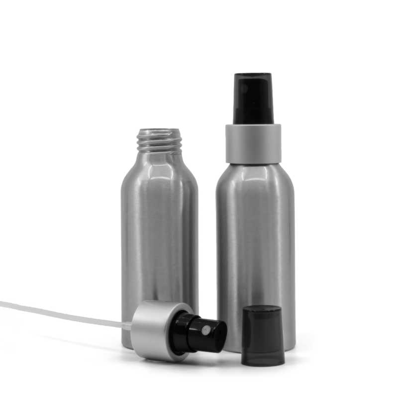 Botella de aluminio, pulverizador negro, anillo plateado mate, sobretapa ahumada, 100 ml