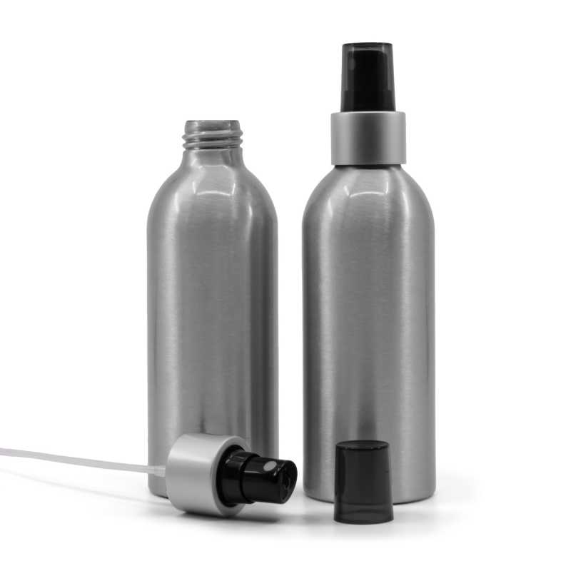Botella de aluminio, pulverizador negro, collar plateado mate, sobretapa ahumada, 200 ml