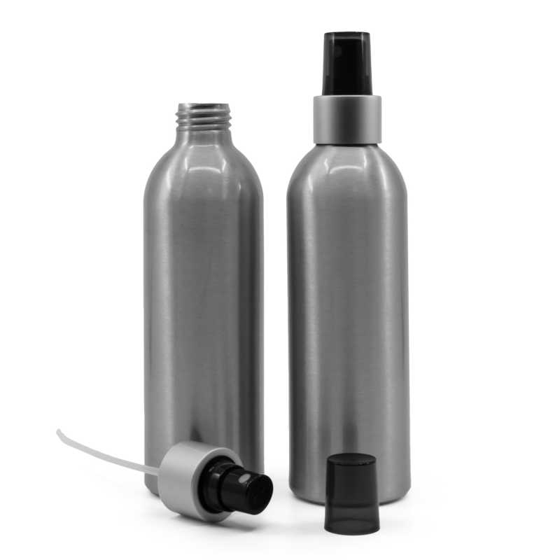Botella de aluminio, pulverizador negro, anillo plateado mate, sobretapa ahumada, 225 ml