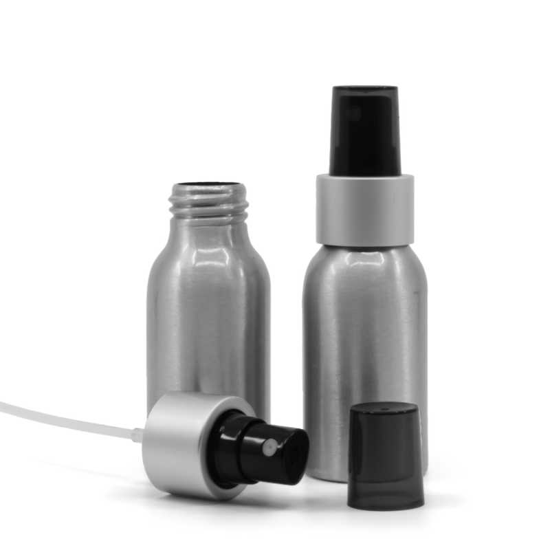 Frasco de aluminio, pulverizador negro, anillo plateado mate, sobretapa ahumada, 50 ml