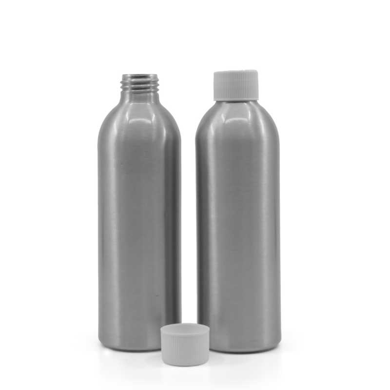 Botella de aluminio, tapón de plástico blanco, 225 ml