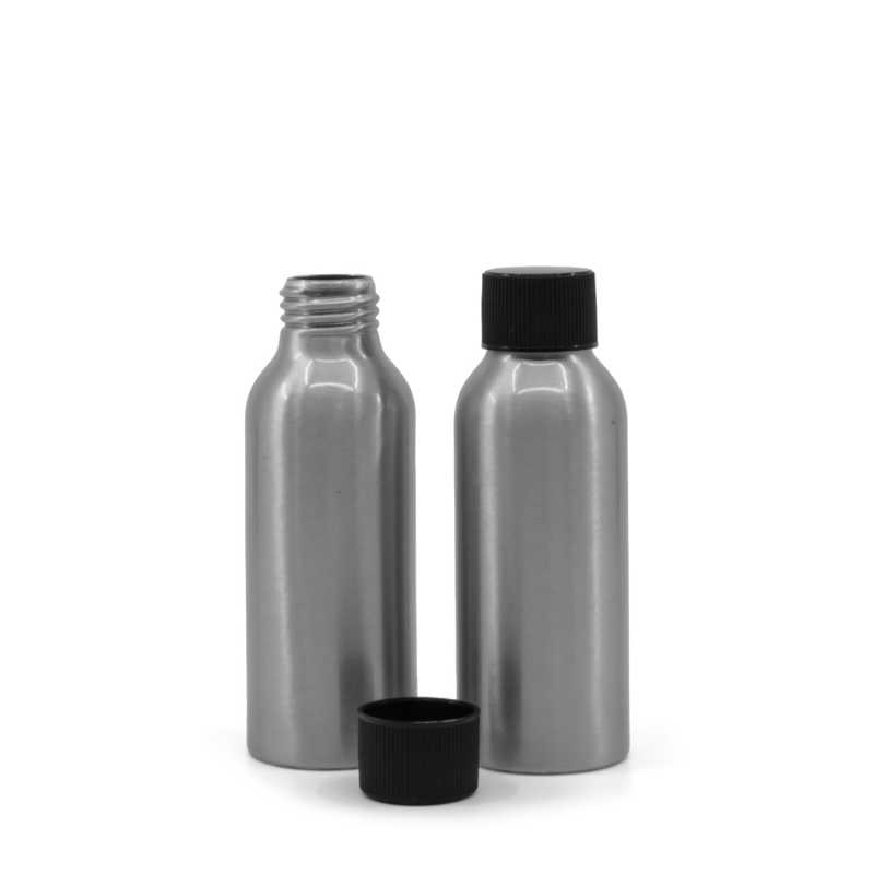 Botella de aluminio, tapón de rosca negro estriado, 100 ml