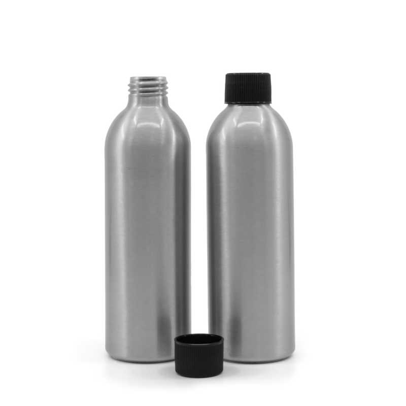 Botella de aluminio, tapón negro estriado, 225 ml