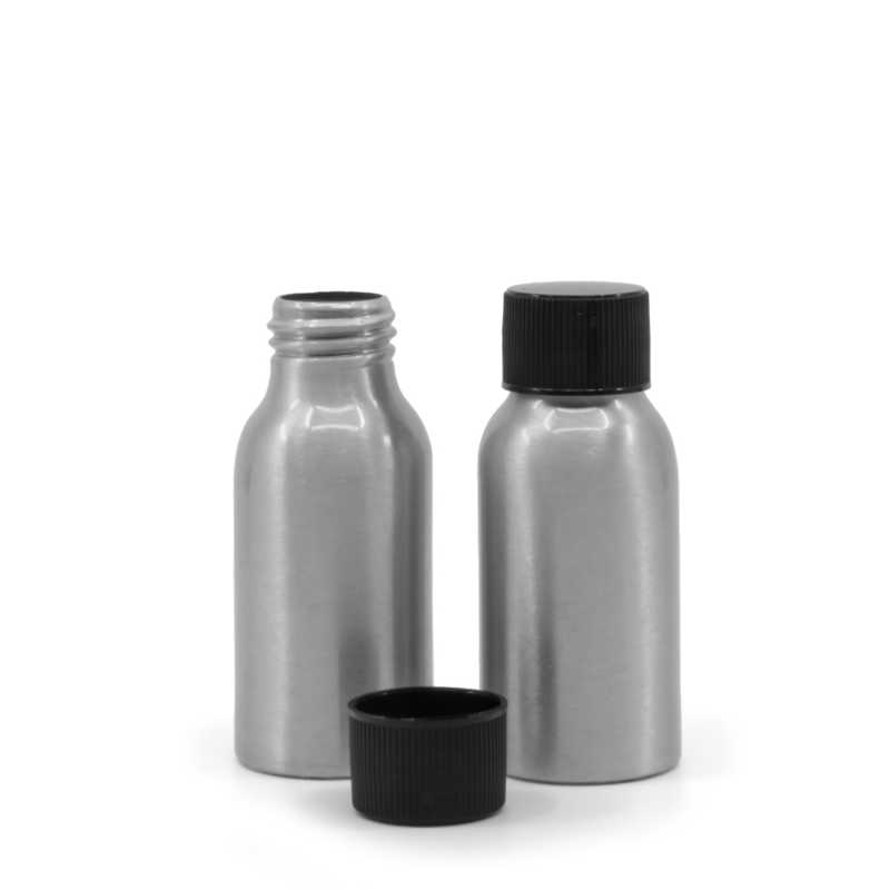 Frasco de aluminio, tapón negro estriado, 50 ml