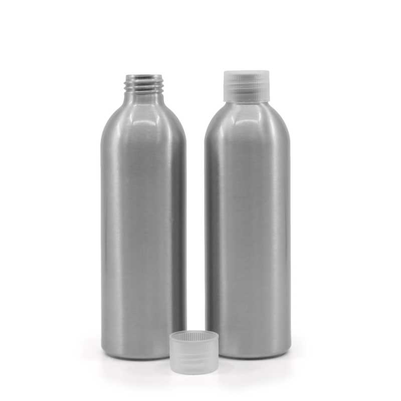 Botella de aluminio, tapón de plástico transparente, 225 ml