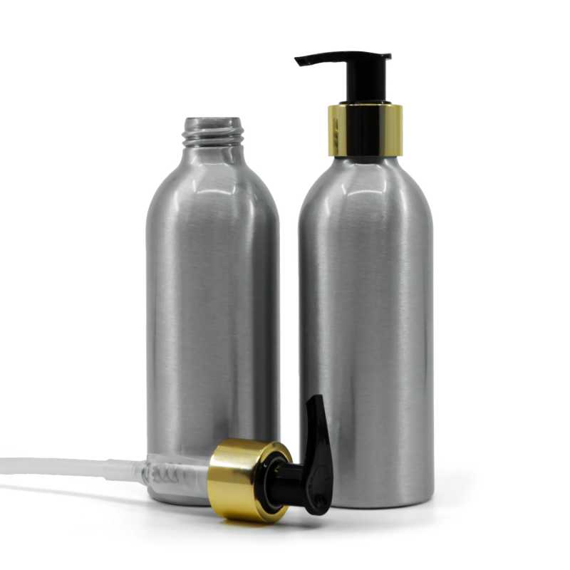 Botella de aluminio, bomba dorada, 200 ml