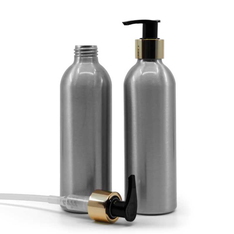 Botella de aluminio, bomba dorada, 225 ml