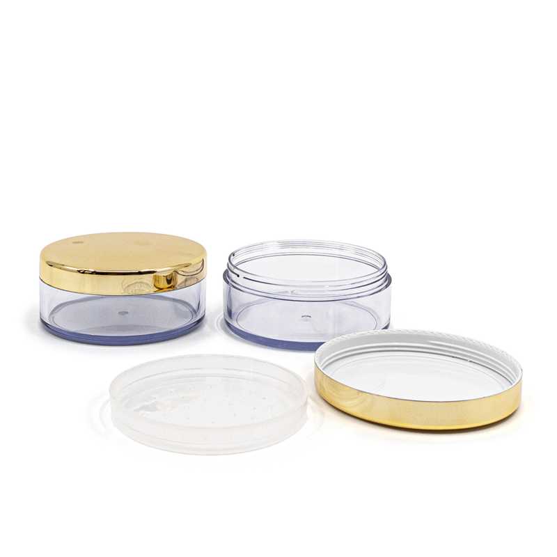Tarro de plástico transparente, 30 ml, con tapa dorada y tamiz