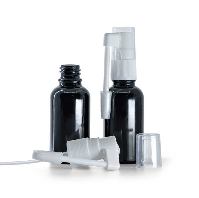 Botella de vidrio, negro brillante, pulverizador oral, 30 ml