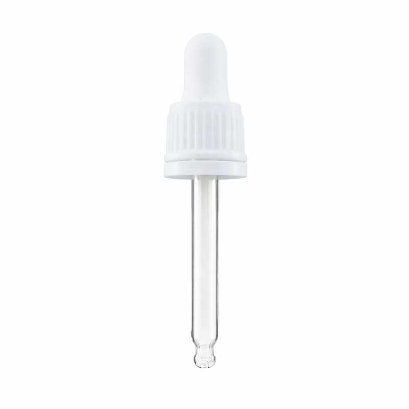 Cuentagotas de vidrio, blanco, con anillo de evidencia de manipulación, 71 mm