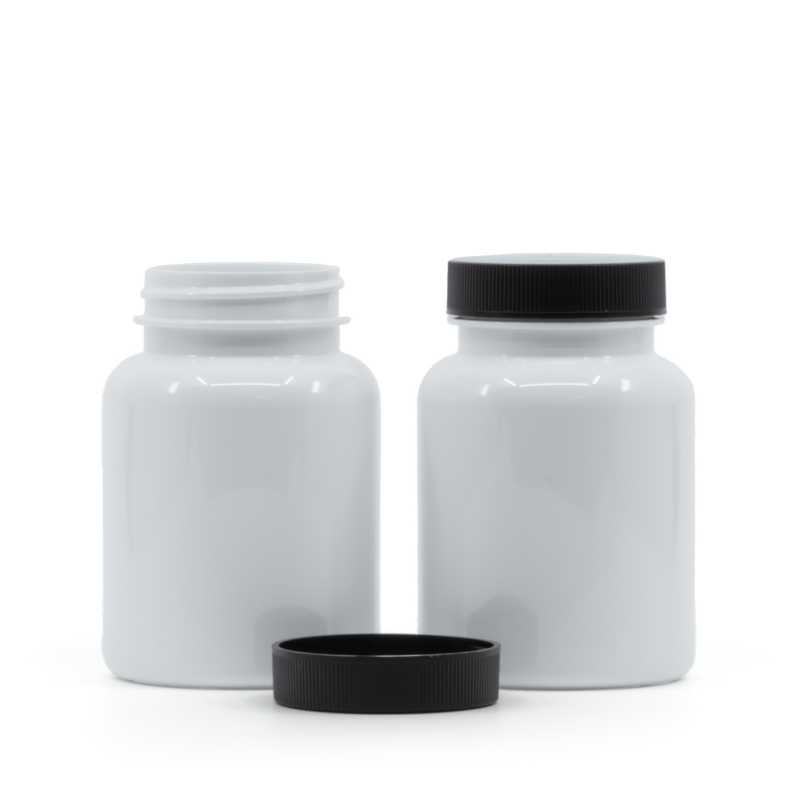 Envase de plástico para pastillas, blanco, tapón negro, 150 ml