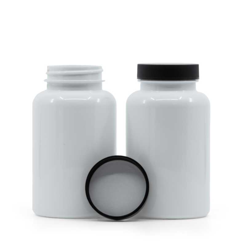 Envase de plástico para pastillas, blanco, tapa negra, sello interior por inducción, 250 ml