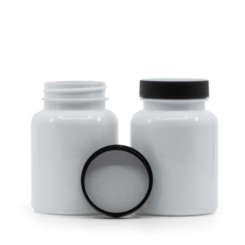 Envase de plástico para comprimidos, blanco, tapón negro, sello interior por inducción, 150 ml