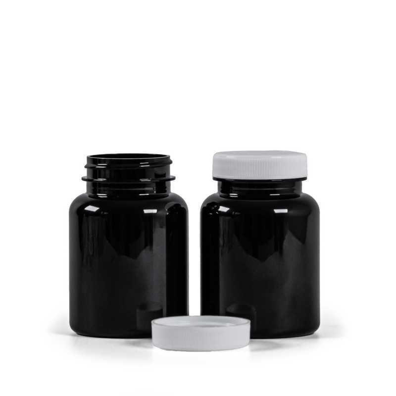 Envase de plástico para comprimidos, negro, tapa blanca, 150 ml