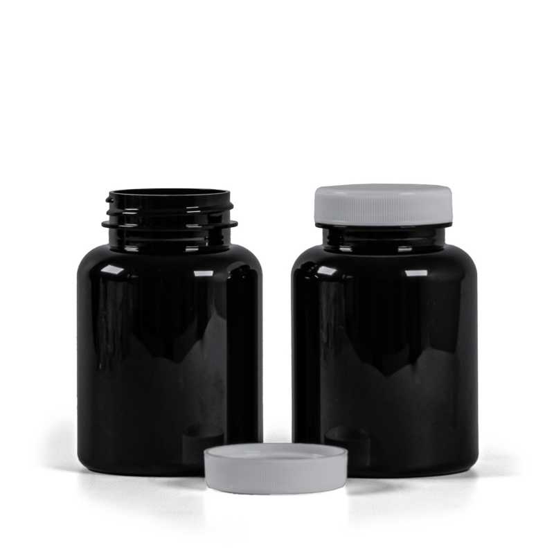 Envase plástico para pastillas, negro, tapa blanca, 200 ml