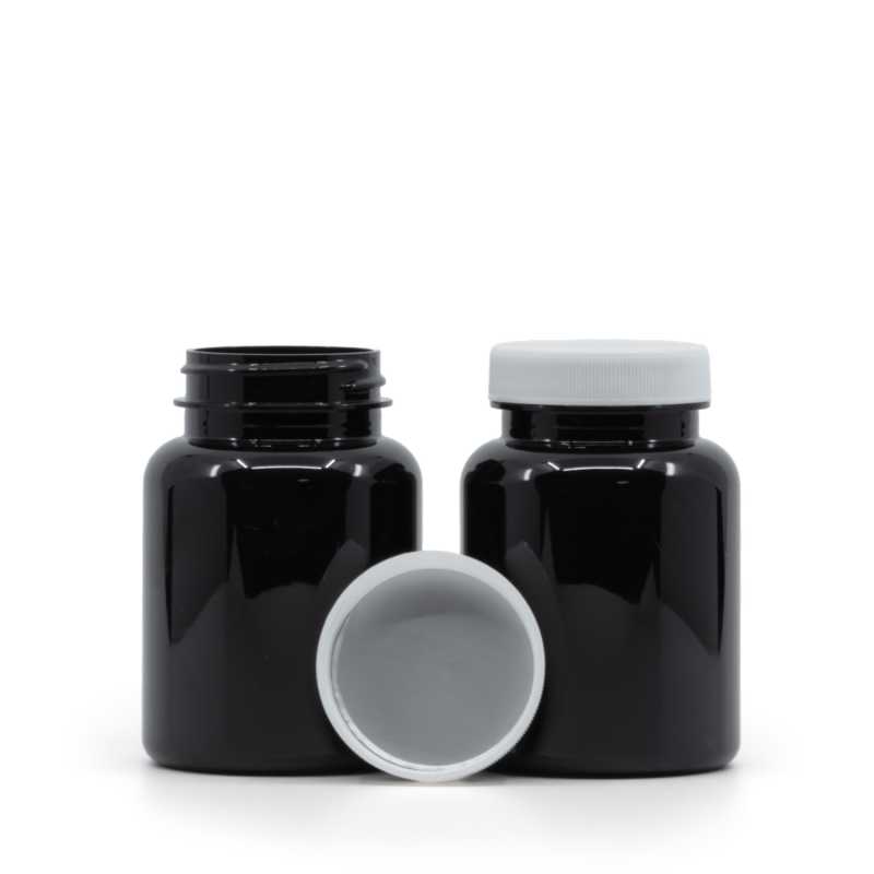 Envase de plástico para comprimidos, negro, tapa blanca, sello interior de inducción, 150 ml