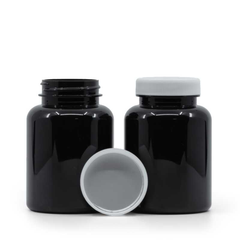 Envase plástico para pastillas, negro, tapa blanca, sello de inducción, 200 ml