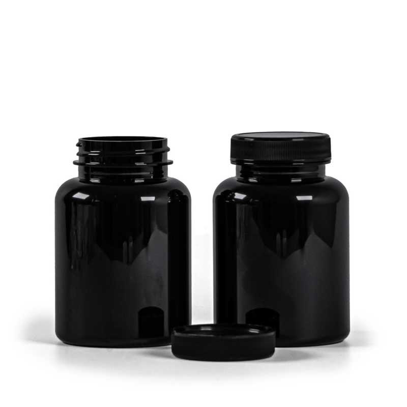 Envase plástico para pastillas, negro, tapa negra, 200 ml