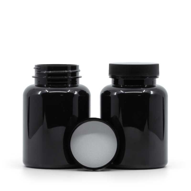 Envase plástico para pastillas, negro, tapa negra, sello interior de inducción, 200 ml