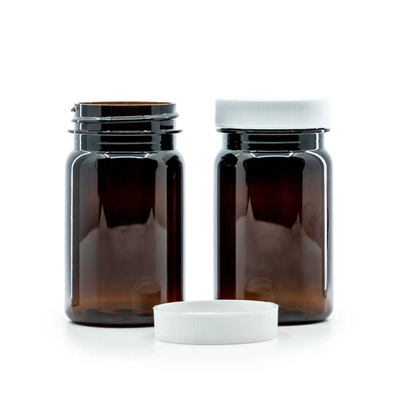 Envase de plástico para pastillas, ámbar, tapa blanca, 100 ml