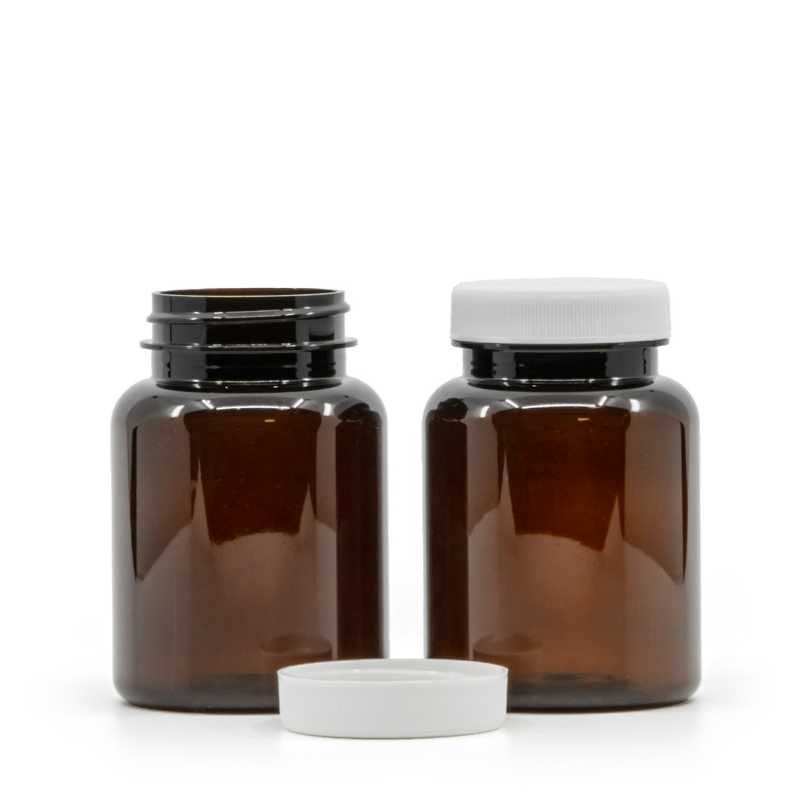 Envase de plástico para pastillas, ámbar, 150 ml, tapa blanca