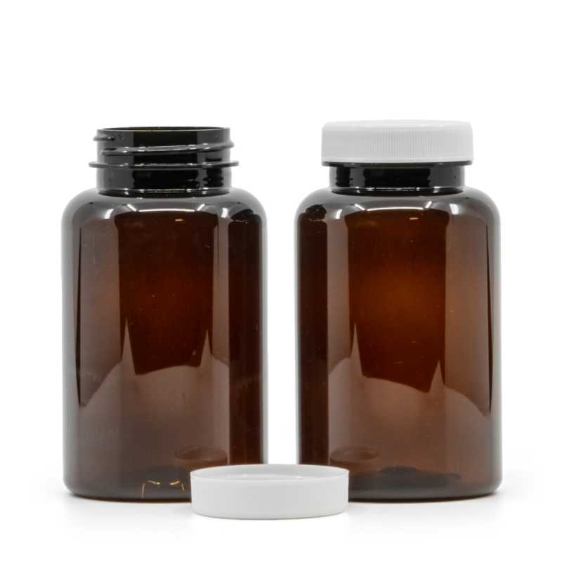 Envase plástico para pastillas, ámbar, tapa blanca, 250 ml