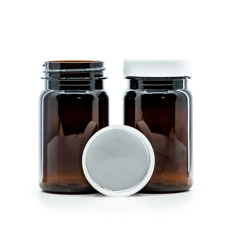 Tarro de plástico para pastillas, ámbar, tapón blanco, sello interior por inducción, 100 ml