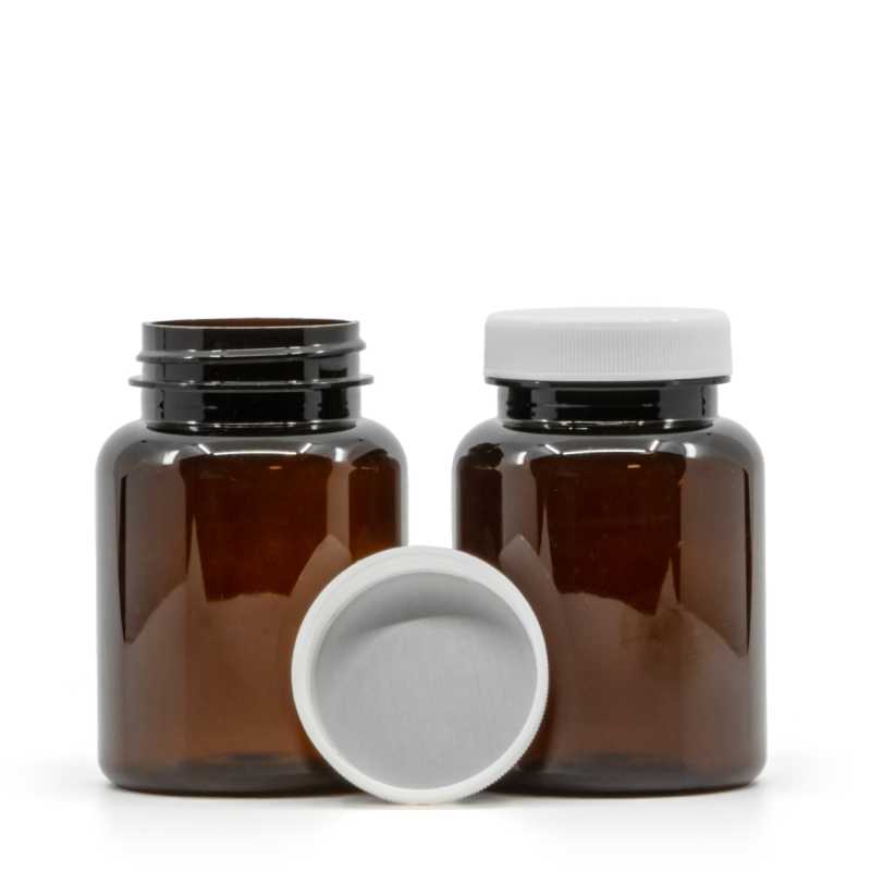 Tarro plástico para pastillas, ámbar, tapa blanca, sello interior por inducción, 150 ml