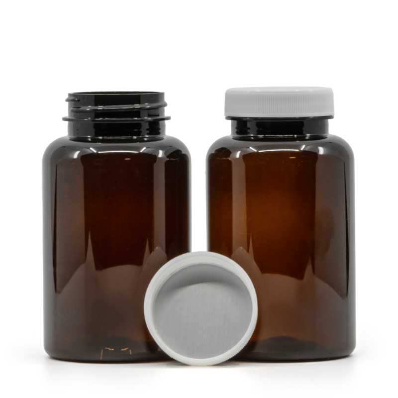 Envase plástico para pastillas, ámbar, tapón blanco, sello de inducción, 250 ml