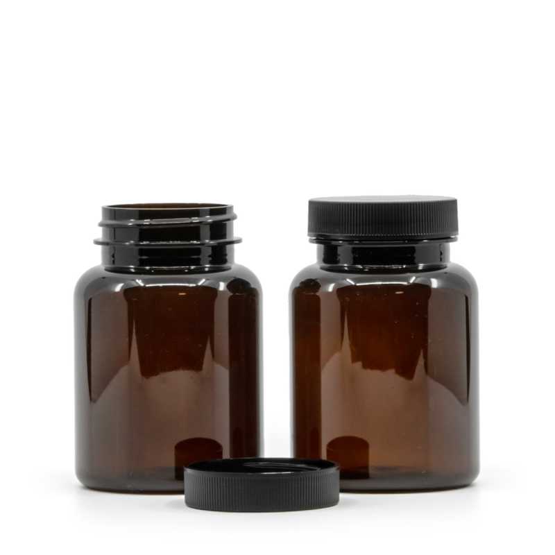 Envase para pastillas de plástico, ámbar, tapa negra, 150 ml
