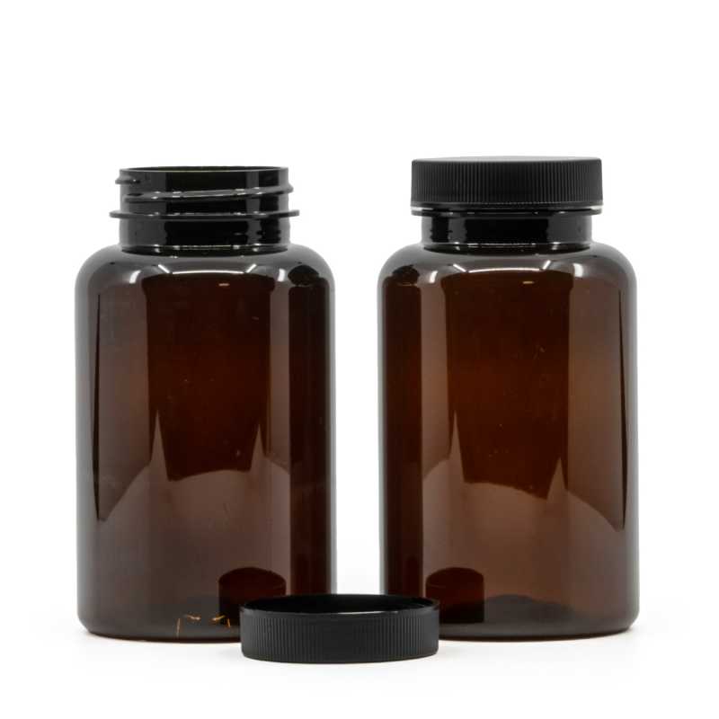 Envase plástico para pastillas, ámbar, tapa negra, 250 ml
