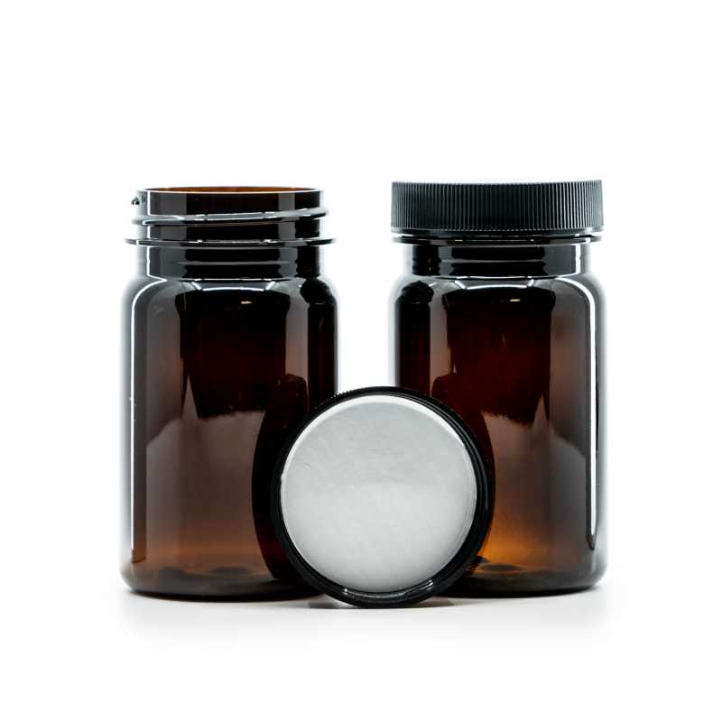 Envase de plástico, para pastillas, ámbar, tapa negra, sellado interior por inducción, 100 ml
