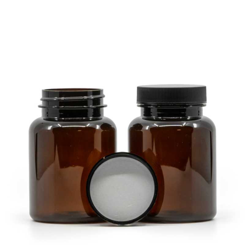 Tarro para comprimidos de plástico ámbar, tapa negra, sello interior de inducción, 150 ml