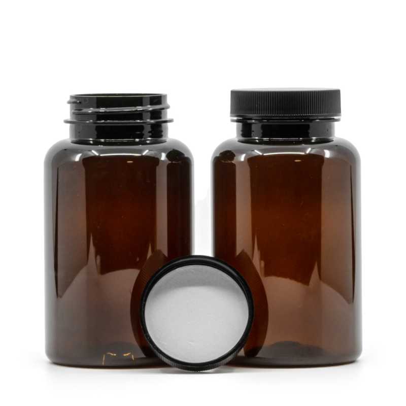 Bote plástico para pastillas, ámbar, tapa negra, sello de inducción, 250 ml