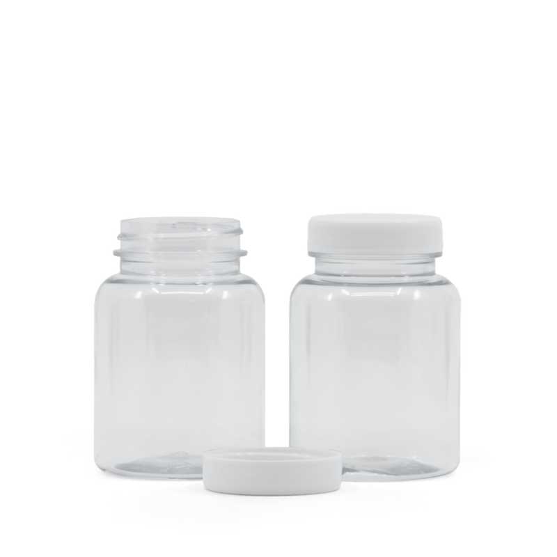 Envase de plástico para pastillas, transparente, tapa blanca, 150 ml