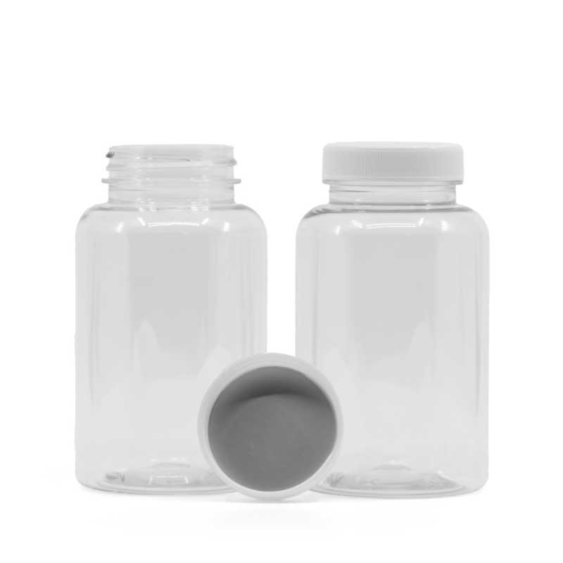 Envase de plástico para comprimidos, transparente, tapón blanco, sello interior por inducción, 250 ml