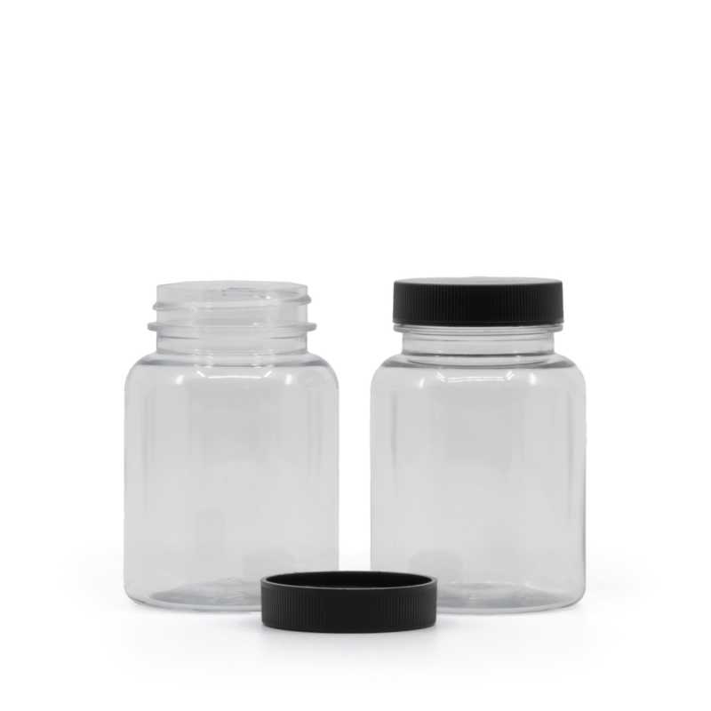 Tarro de plástico para pastillas, transparente, tapa negra, 150 ml
