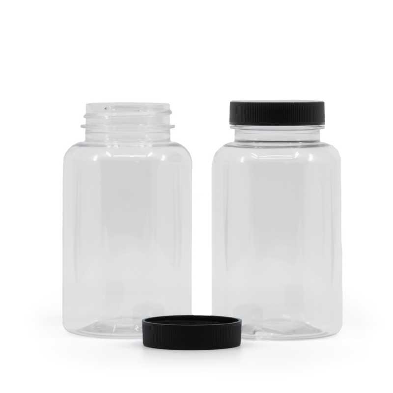Envase plástico para comprimidos, transparente, tapón negro, 250 ml
