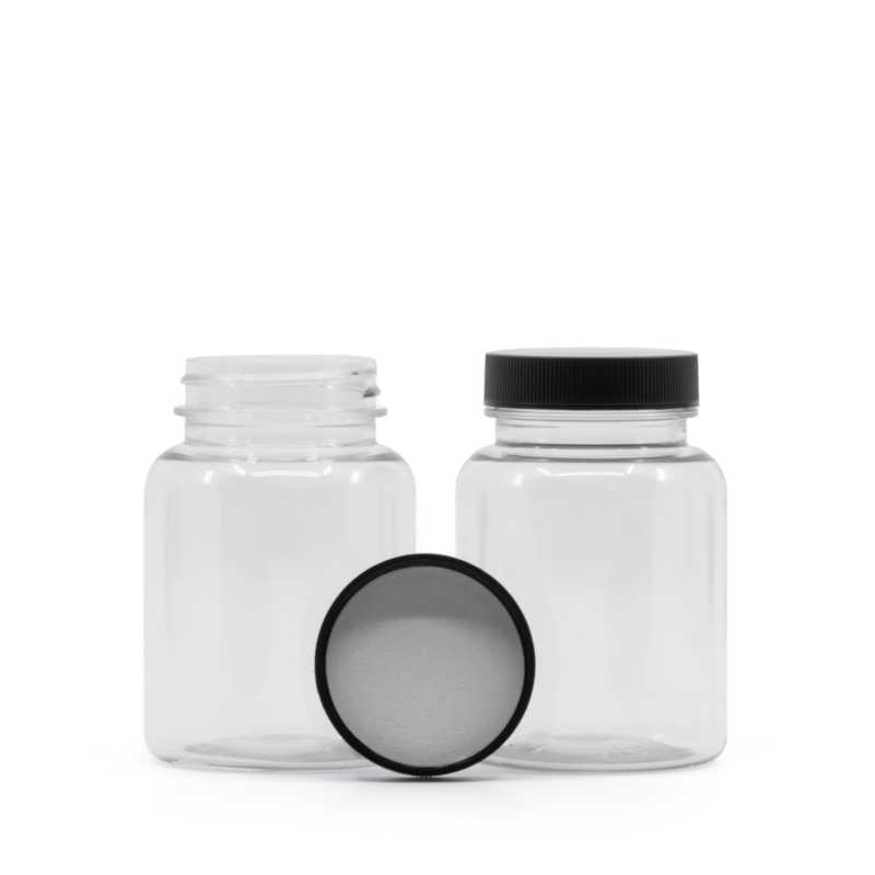 Tarro de plástico para pastillas, transparente, tapa negra, sello interior por inducción, 150 ml