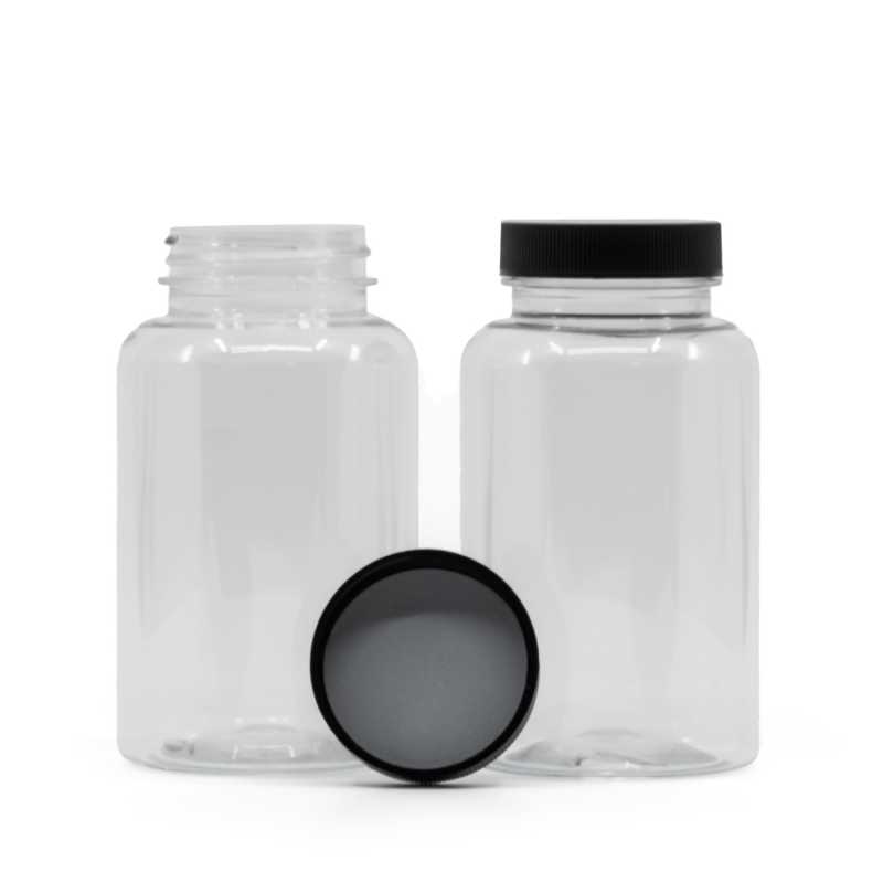 Envase para pastillas de plástico, transparente, tapa negra, sello por inducción, 250 ml