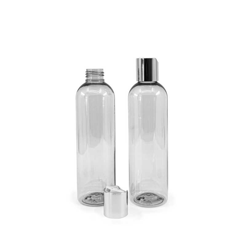 Botella de plástico reciclado transparente, 250 ml, tapón disc-top plateado