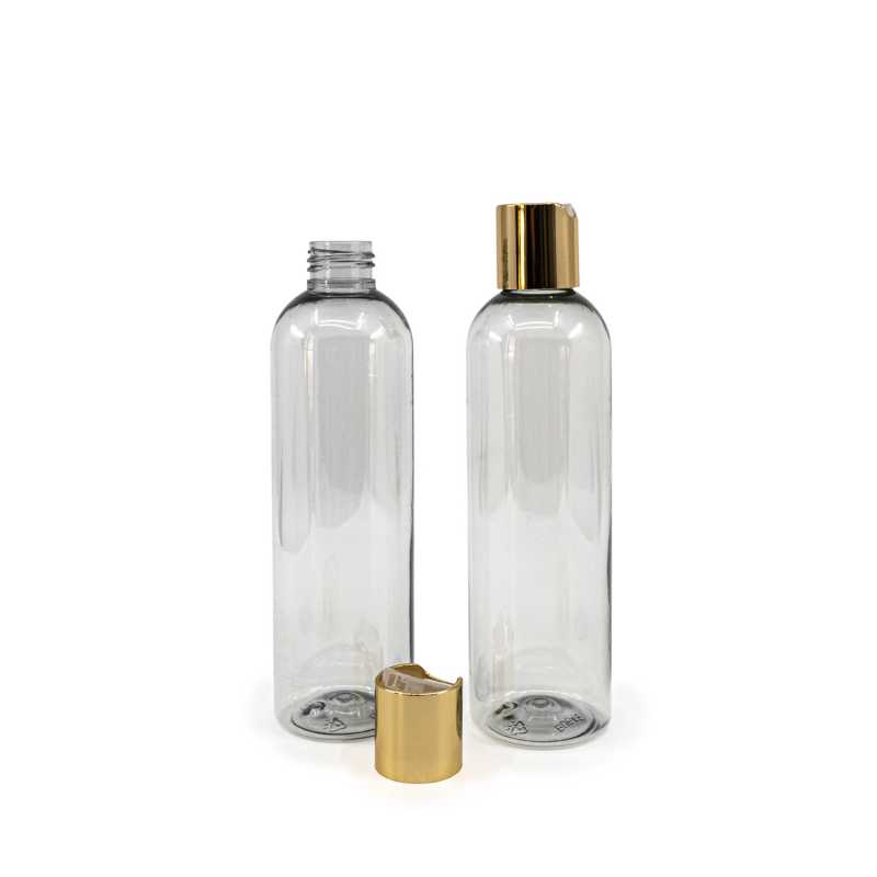 Botella de plástico reciclado transparente, 250 ml, tapón disc-top dorado
