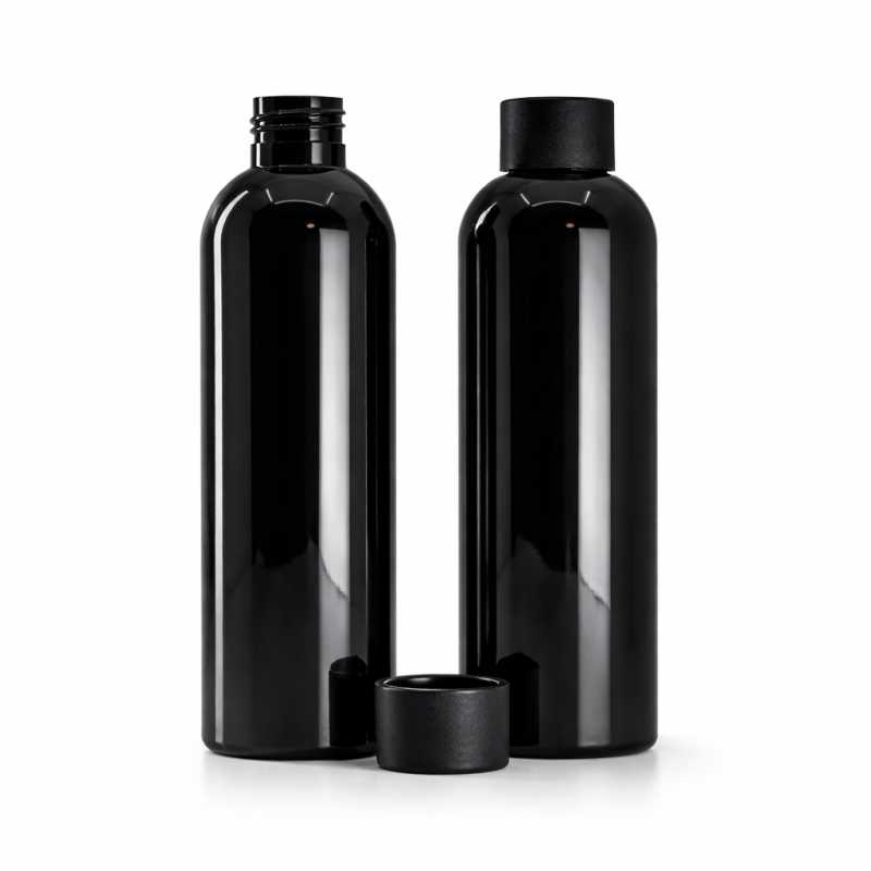 Botella de plástico negra, 200 ml, tapón negro mate, 24/410