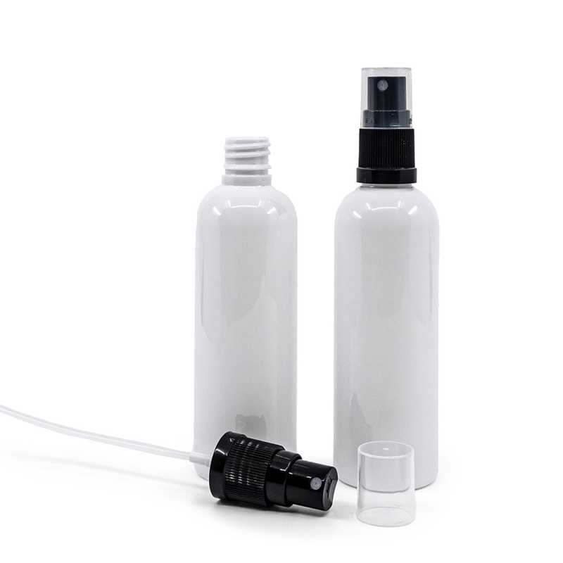 Botella de plástico, blanca, Pulverizador, negro, 100 ml