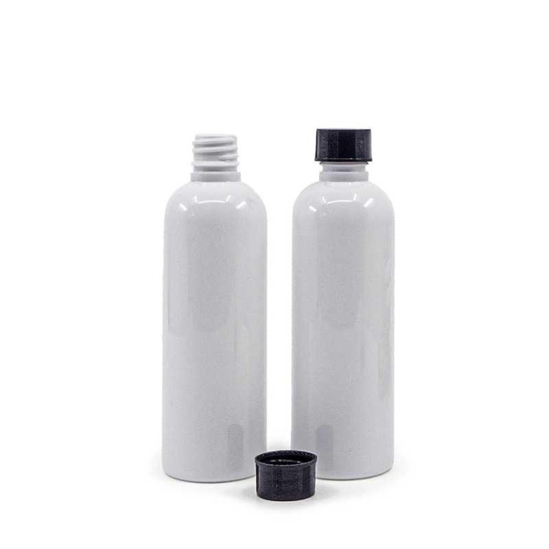 Botella de plástico, blanco, tapón de plástico negro, 100 ml