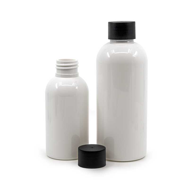 Botella de plástico blanca, 24/410, tapón negro mate, 100 ml